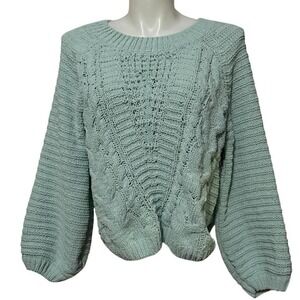 Harper Heritage Mint Green Chenille Cable Knit Puff Sleeve Sweater Womens Large